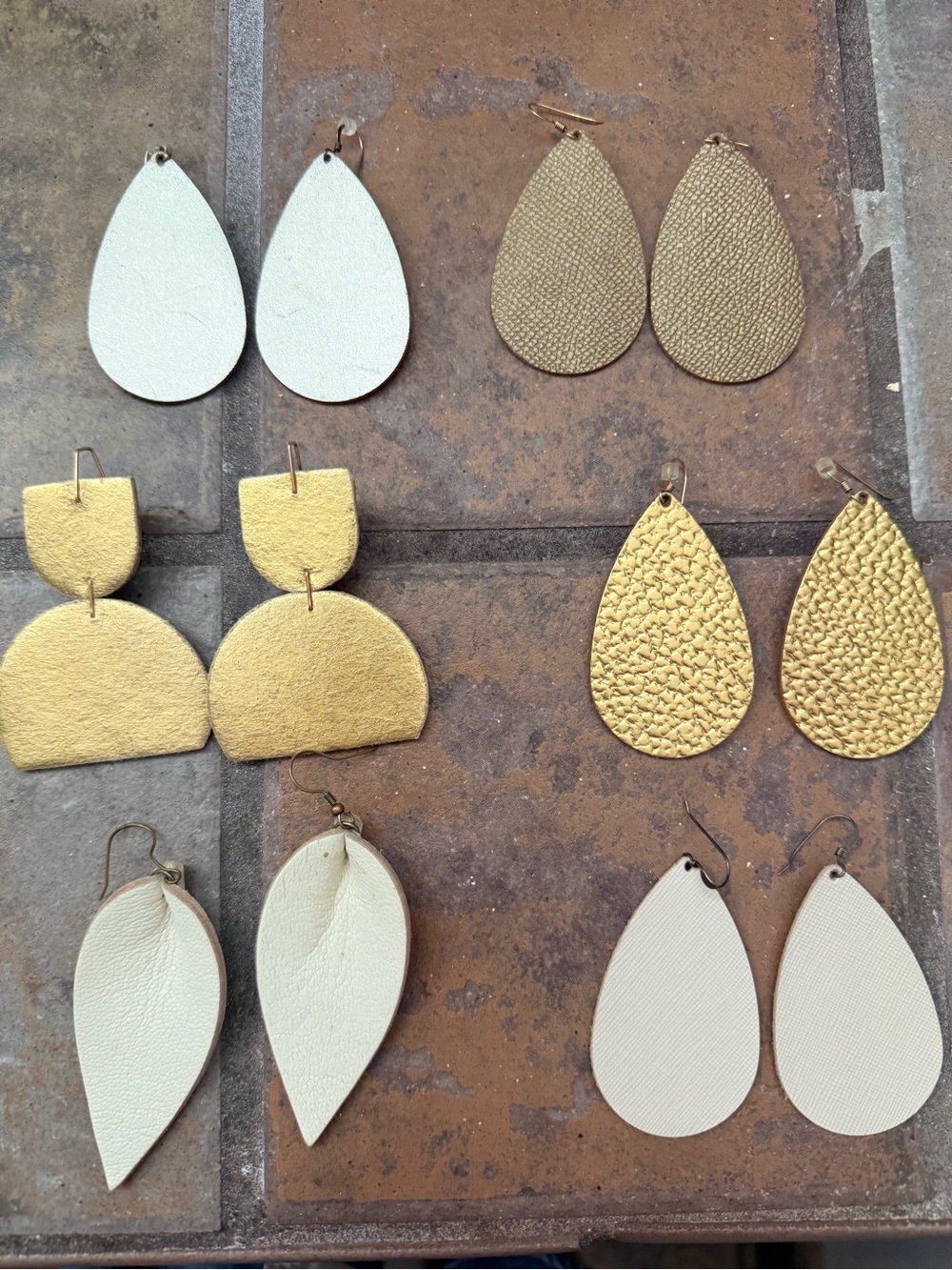 Neutral and Gold Teardrop & Geometric Leather Earrings Set